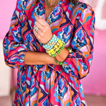 Multicolor Abstract Geometric Print Notch Neck Tiered Boho Dress