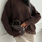 Caitlin Knit Lace Trim Patchwork Long Sleeve Back Slit Relaxed Sweater