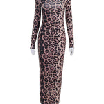 Bodycon Long Sleeves Leopard Printed Round-Neck Maxi Dresses