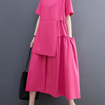 Loose Short Sleeves Solid Color Split-Joint Round-Neck Midi Dresses