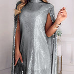 Cape Long Sleeves Sequined Shiny Split-Joint Mock Neck Mini Dresses