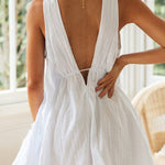 V-neck front and back drawstring large swing skirt irregular dress