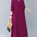 A-Line Long Sleeves Pockets Solid Color Split-Side V-Neck Maxi Dresses