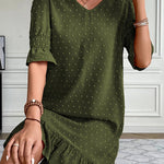 A-Line Flared Sleeves Elasticity Jacquard Pleated Solid Color Split-Joint V-Neck Mini Dresses