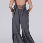 Grey Solid Color Sleeveless Flare Leg Jumpsuit with Pockets