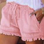 10 Colors Casual Drawstring High Waisted Denim Fringed Shorts