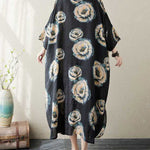 Loose Three-quarter Sleeves Buttoned Flower Print Stand Collar Midi Dresses
