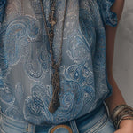 Vintage Pleated Neck Flutter Sleeves Paisley Chiffon Tank Top