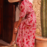 Red Paisley Print Side Slit Puff Sleeve High Waist Maxi Dress