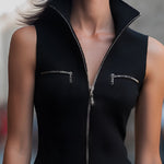 Sculpted Sleeveless Moto Vest-Dress With High Funnel Neck