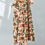 Half Sleeves Loose Pleated Printed Split-Joint Round-Neck Midi Dresses