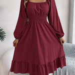 A-Line Elasticated Waist Pleated Ruffled Solid Color Square-Neck Midi Dresses