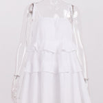 High Waisted Loose Backless Layered Pleated Solid Color Tied Spaghetti-Neck Mini Dresses