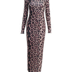 Bodycon Long Sleeves Leopard Printed Round-Neck Maxi Dresses