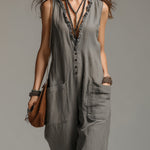 Vintage Cotton And Linen Straight-leg Jumpsuit With Ruffled Neckline