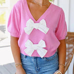 V Neck Short Sleeves Bow Knot Knit Top