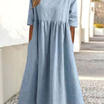 A-Line Half Sleeves Pleated Pockets Solid Color Round-Neck Midi Dresses