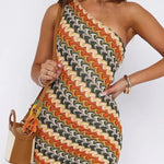 Playful Colorful Knitted Slim-fitting Offset Neck Stretch Mini Dress