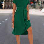 A-Line High Waisted Buttoned Solid Color Tied Waist Lapel Collar Midi Dresses Shirt Dress