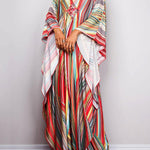 Batwing Sleeves Loose Printed Split-Joint Striped V-Neck Maxi Dresses