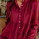 Burgundy Smocked Ruffle Tiered Button-up Shirt