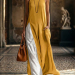 Loose Sleeveless Contrast Color Pockets Split-Joint Spaghetti-Neck Maxi Dresses