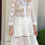 Solid Color Hollow Lace Lapel Button Long Shirt