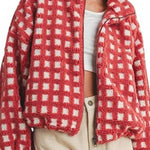 Checked Plush Drawstring Stand-Collar Jacket