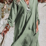 Green Roll-Tab Sleeve Notch Neck Boho Tunic Dress