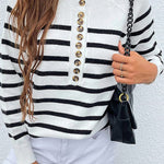 Women’s Crew Neck Button Raglan Sleeves Striped Sweater