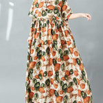 Half Sleeves Loose Pleated Printed Split-Joint Round-Neck Midi Dresses