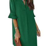 A-Line Flared Sleeves Pleated Ruffled Solid Color Split-Joint V-Neck Mini Dresses