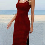 Skinny Sleeveless Solid Color Split-Side Striped U-Neck Midi Dresses