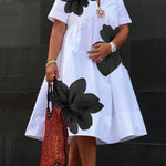 A-Line Loose Flower Print Pleated V-Neck Midi Dresses