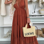 Bohemian Style V-neck Backless Slip Layered Vacation Maxi Dress