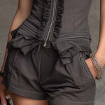 Vintage Elegant Charcoal Pinstripe Ruffle Two-Piece Set
