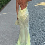 Deep V Neck Sequins Fishtail Hem Backless Gowns Slip Maxi Dresses-Yellow