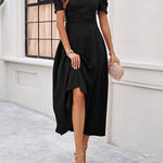 A-Line High Waisted Pleated Solid Color Zipper V-Neck Maxi Dresses