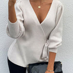 Sexy V Neck Balloon Sleeve Ribbed Wrap Knit Pullover Sweater