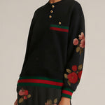 Long Sleeves Buttoned Contrast Color Flower Print Split-Joint Round-Neck Sweatshirt Tops