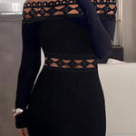 Bodycon Long Sleeves Hollow Solid Color Split-Joint Off-The-Shoulder Midi Dresses