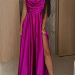 Solid Color Suspender Back Pleated Elegant Slit Full Hem Maxi Dress