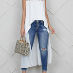High-Low Loose Embroidered Solid Color Round-Neck Vest Top