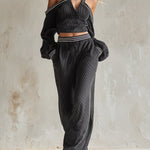Stylish Sporty Striped Trim Black Corduroy Off-the-shoulder Top And Wide-leg Pants Set