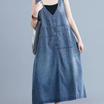 Loose Sleeveless Denim V-Neck Midi Dress
