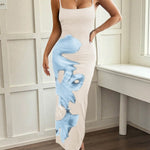 Bodycon High Waisted Abstract Printed Contrast Color Spaghetti-Neck Midi Dresses