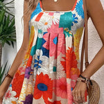 A-Line High Waisted Flower Print Pleated Round-Neck Mini Dresses