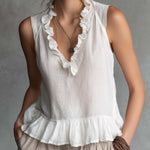 Boho Vintage Ruffled Sleeveless Cotton-Linen Top In Soft White