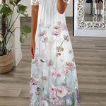 Boho Floral V Neck Button Lace Sleeve Holiday Beach Maxi Dress