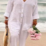 Casual solid V-neck button up jumpsuit with mid waist pocket jumpsuit